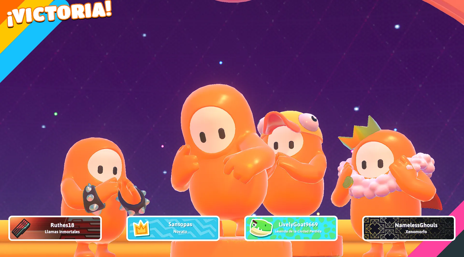 Victoria de Team Butano en Fall Guys con todos los miembros vestidos de naranja